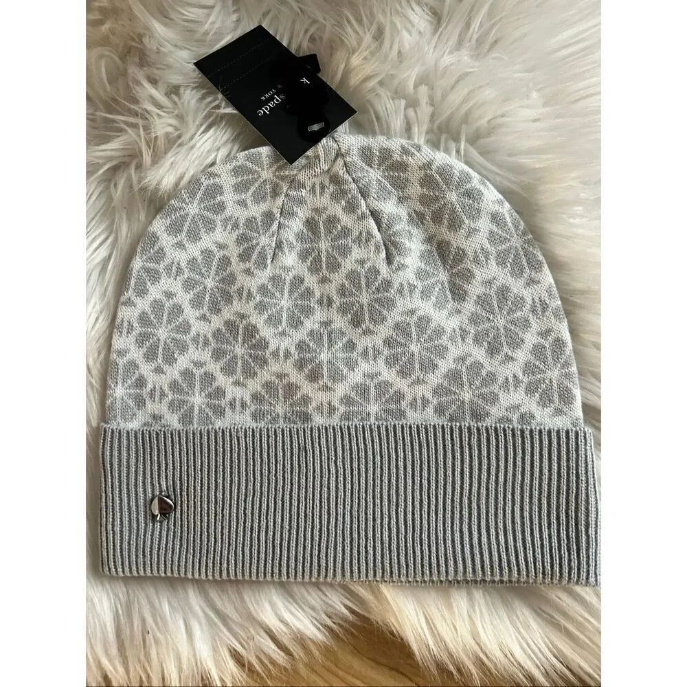 Kate Spade gray and white flower cuff beanie light winter hat